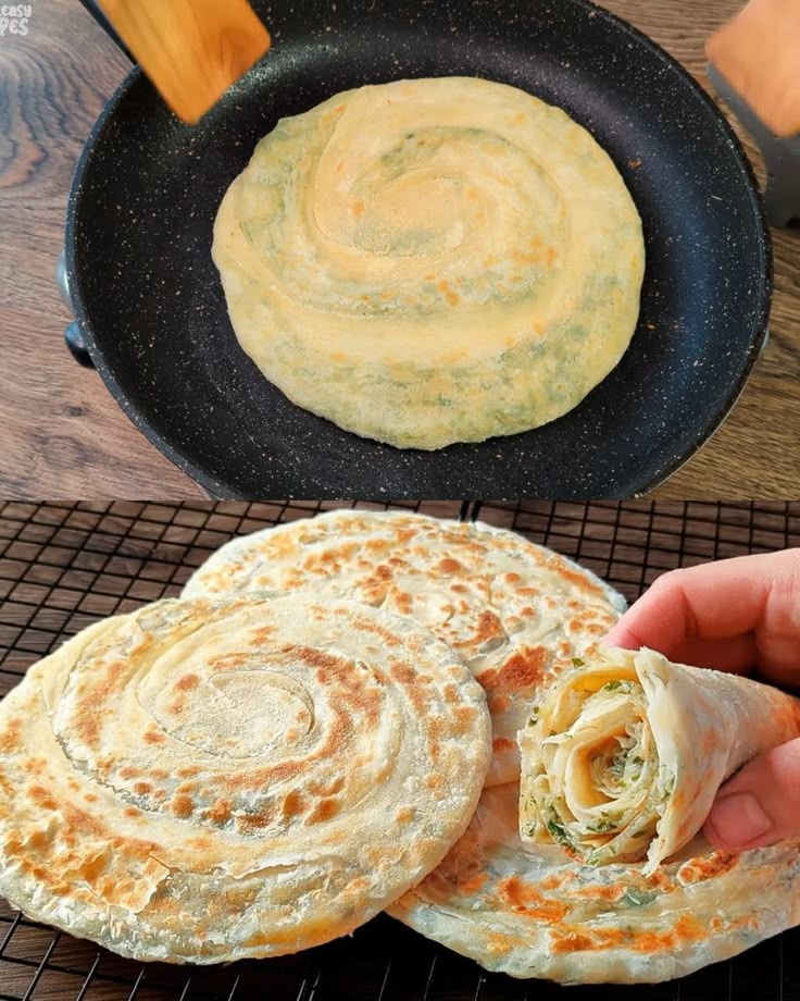 someone is holding a tortilla in front of a skillet