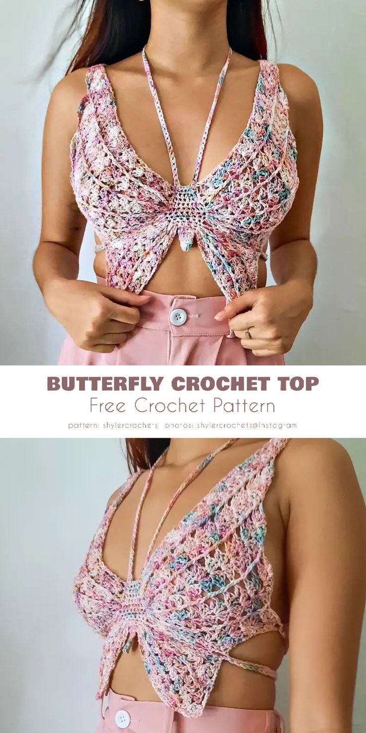 a woman wearing a crochet top and pink pants with the words butterfly crochet top