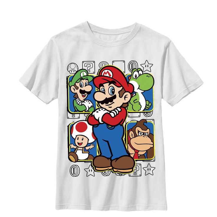 Mario and all his pals are waiting for you with the Nintendo Mario Super Squad White T-Shirt. Luigi, Yoshi, Toad, and Donkey Kong are all printed behind Mario on this durable white graphic tee for boys. Size: medium. Gender: male. Age Group: adult. Pattern: Fictitious Character. Material: Cotton. Mario Group Shirts, White Graphic Tee, Mario Brothers, Sleeve Packaging, Mario And Luigi, Donkey Kong, Boy Tees, Slim Fit Shorts, Super Mario Bros