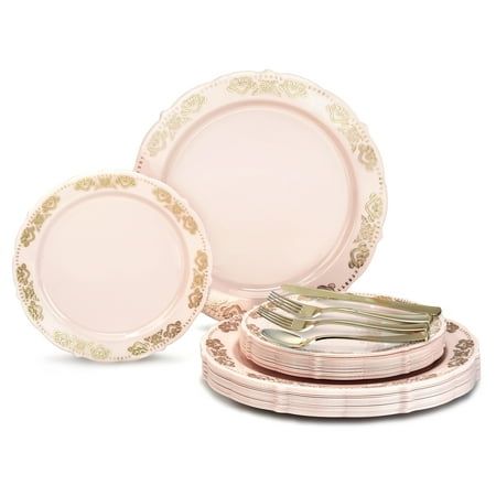 pink and gold dinnerware set with forks