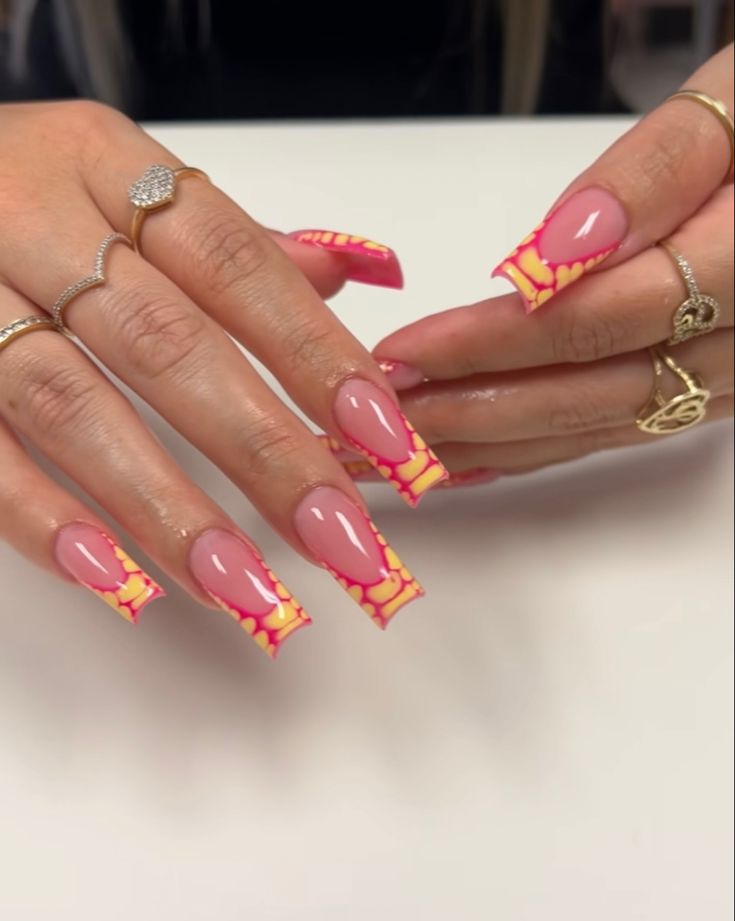 Festival Nails French Tip, Orange And Hot Pink Nails, Cabo Nails, Croc Nails, Orange And Pink Nails, French Tip Gel Nails, Pink French Nails, Pink Ombre Nails, Drip Nails