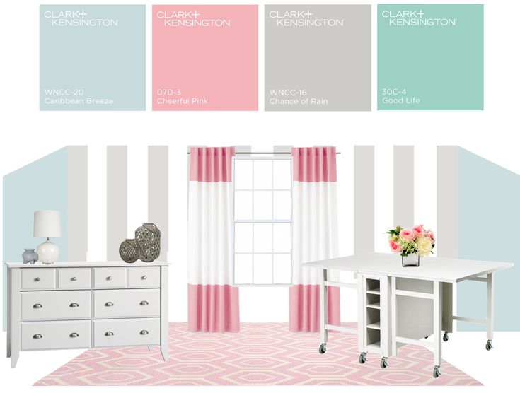 a room with pink, blue and green colors on the walls next to a white dresser