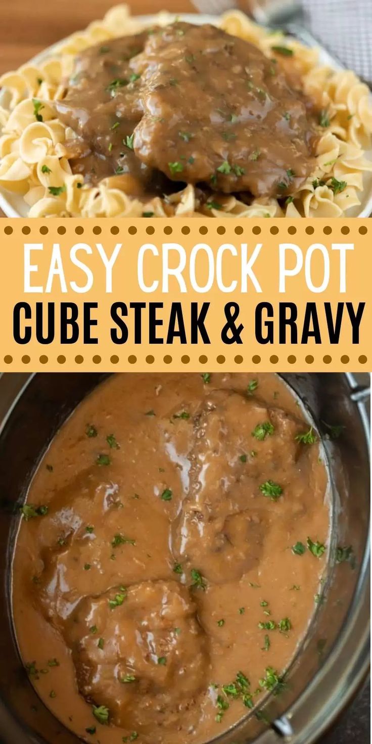 two pictures with the words easy crock pot cube steak and gravy