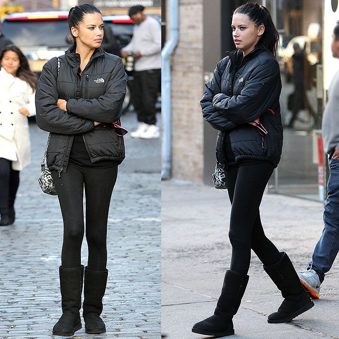 Adriana Lima uggs with leggings Ugg Boots Outfit Chestnut, Black Ugg Boots Outfit, How To Style Knee High Boots, Black Uggs Outfit, Uggs Outfit Winter, Ugg Boots Outfit Winter, Fake Uggs, Ugg Boots With Bows, Uggs Outfits