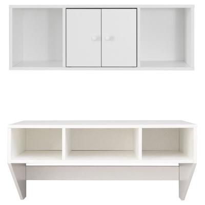 a white shelf with two open doors and one closed door on the side, against a white background