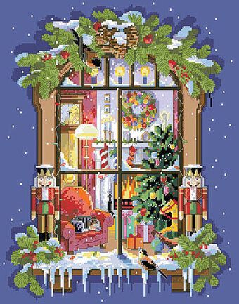 a cross stitch christmas scene with an open window, decorated for the holidays and presents