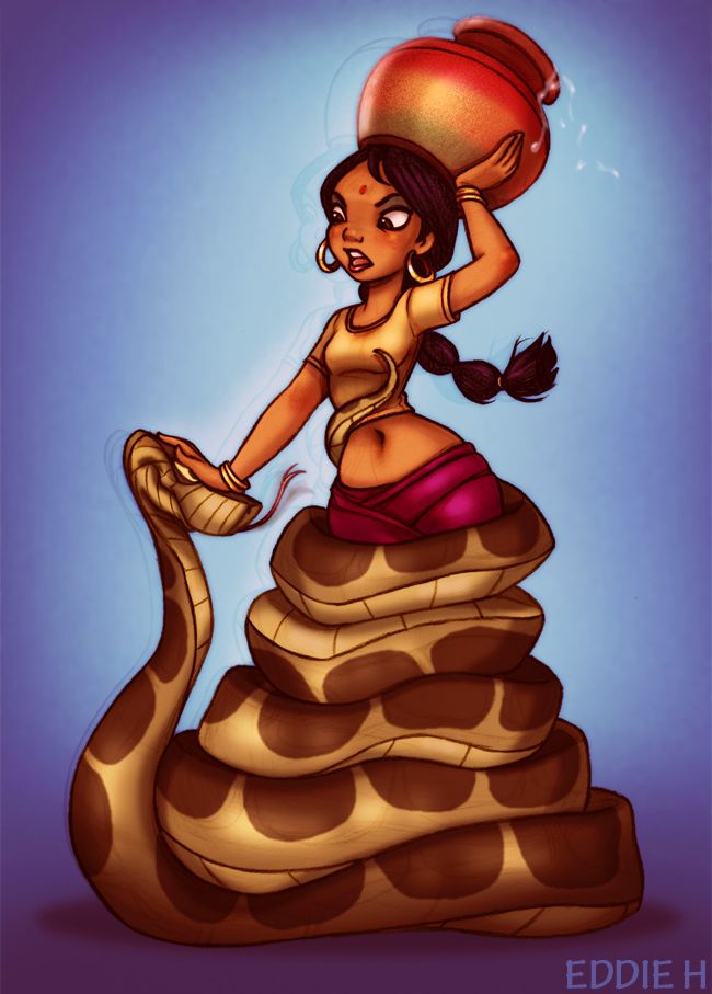 a woman sitting on top of a giant snake with a pot on her head,