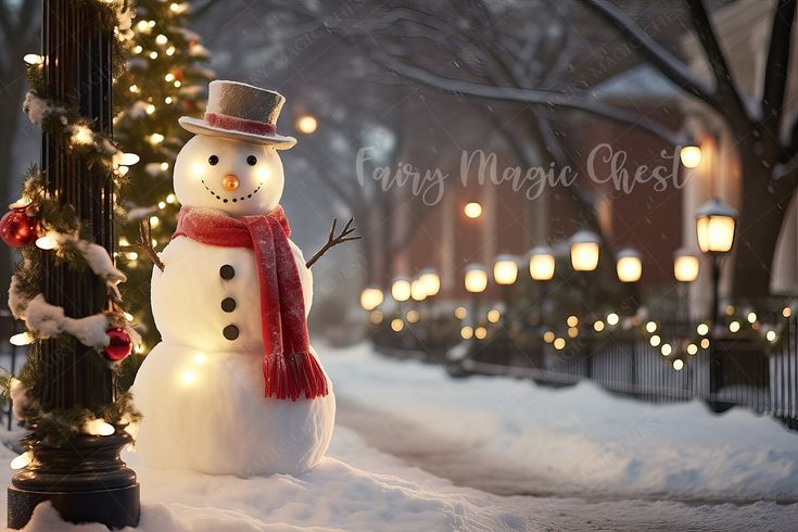 a snowman standing next to a pole with lights on it