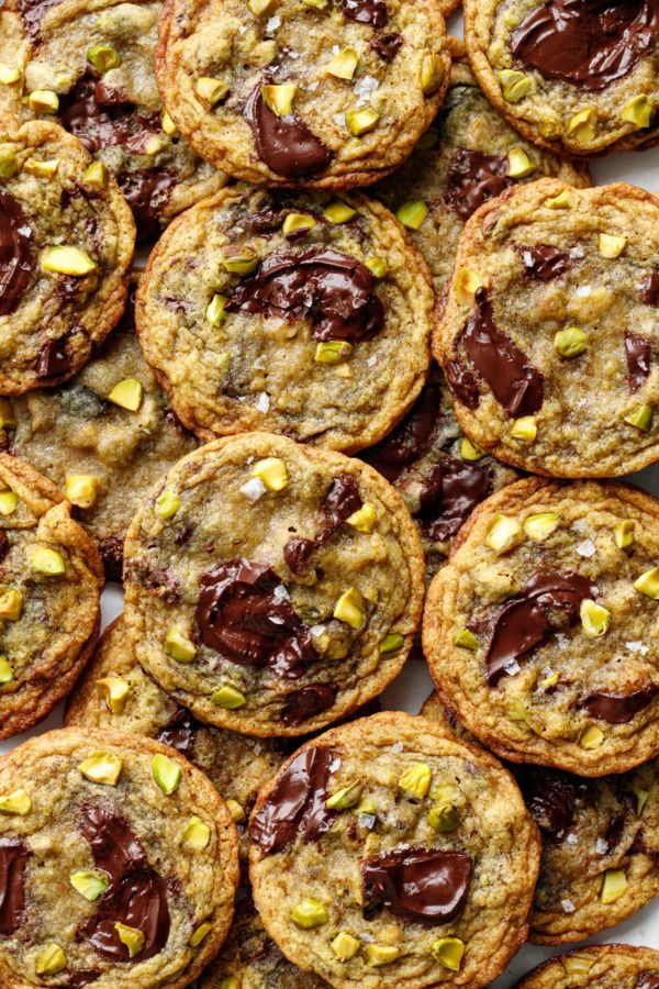 chocolate chip cookies with pistachios on top