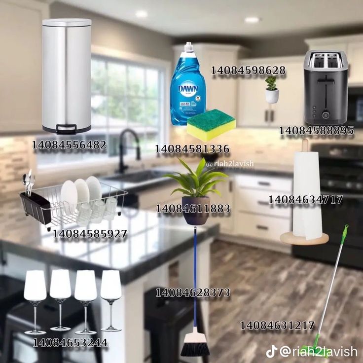 an image of a kitchen with various cleaning products on the counter and in front of it