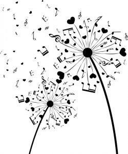 a dandelion with musical notes blowing in the wind