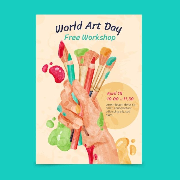 the poster for world art day with colorful paint and brushes in hand on blue background