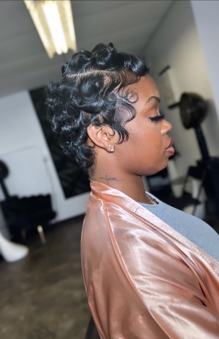 Finger Waves Side Part, Outfits With Fingerwaves, Cute Short Cuts For Black Women, Pin Curl Pixie, Dry Finger Waves, Finger Waves Short Hair Pixie Cuts, Fingerwaves For Black Women, Tight Curls Short Hair, Relaxed Short Hairstyles For Black Women