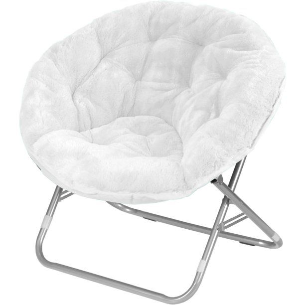 a white chair that is sitting on a metal frame and has a round seat cushion