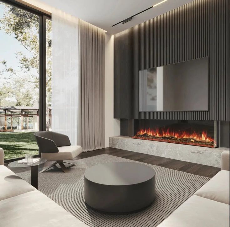 modern living room with fireplace and large windows