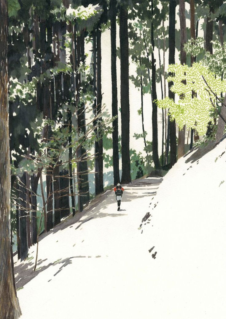 a painting of a person walking down a snow covered path in front of some trees