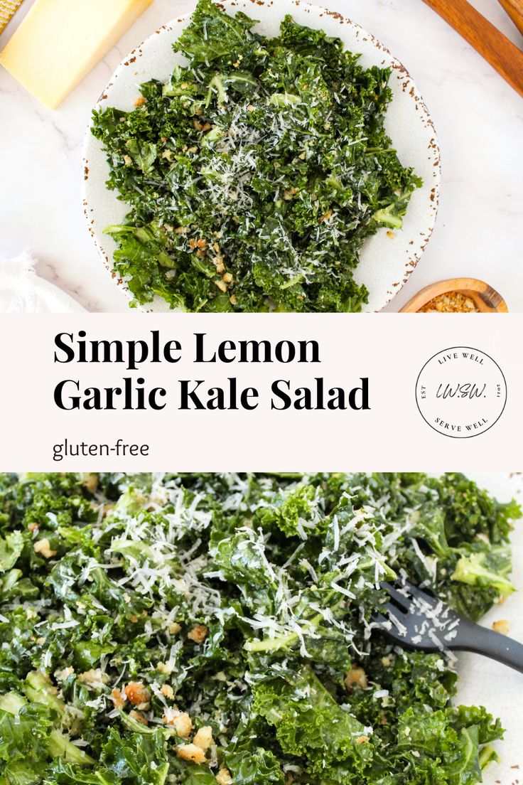 simple lemon garlic kale salad with parmesan cheese on top is an easy and healthy side dish