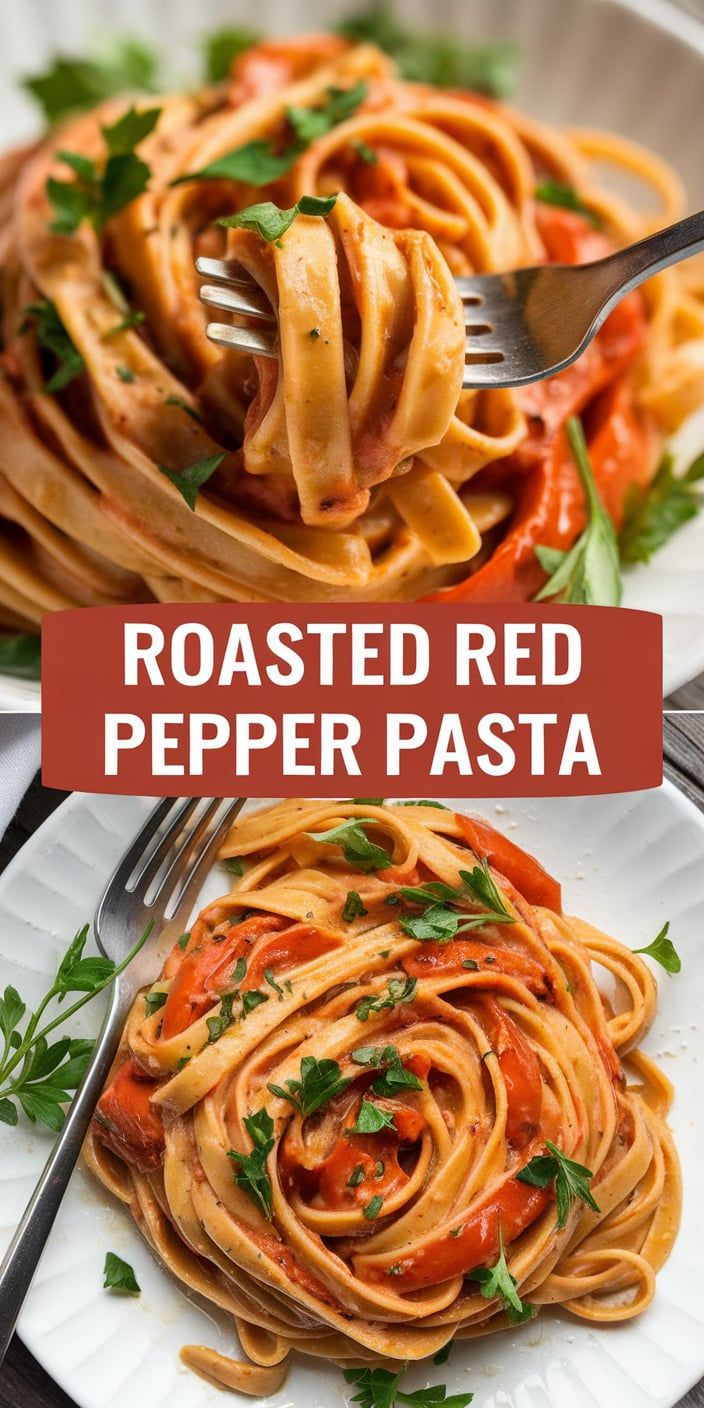 roasted red pepper pasta on a plate with a fork and parsley garnish