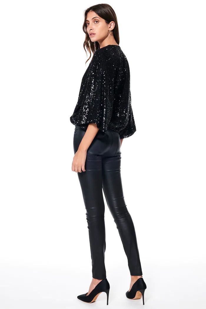 Revealing neckline Romantic voluminous sleeveGlistening sequin fabrication 100% Poly Lining Rayon Cotton SpandexHand wash cold Sequin Top, American Express, Knee High Boots, Cotton Spandex, Sequin, Mini Skirts, Boutique, Fabric, Black