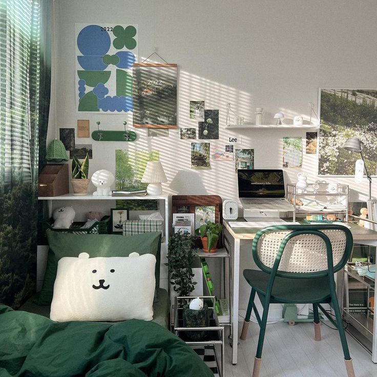 a room filled with lots of green furniture and decor