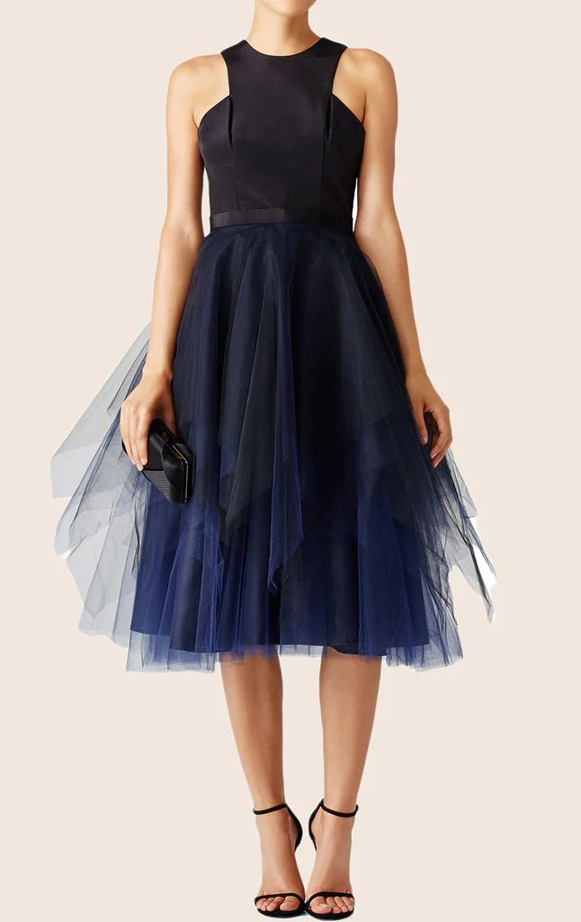 MACloth Midi Satin Tulle Cocktail Dress with Open Back Dark Navy Forma Elegant Dresses Cocktail, Navy Party Dress, Navy Halter Dress, Tulle Cocktail Dress, Navy Blue Cocktail Dress, Halter Dress Short, Black Backless Dress, Satin Cocktail Dress, Satin Tulle