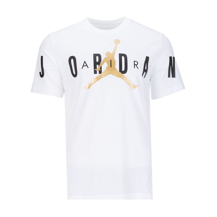 You can ball on and off the court in the Jordan Air Stretch Men's Crew Tee. You'll represent your favorite player of all time, as this shirt clearly displays the "Jumpman" and his name across the center. And the fit will complement your shape while still giving you plenty of room to make every free throw you try. Features: Features Jumpman front and center. Says "Jordan" prominently across the front. Short-sleeved. Details: Machine washable. Material: 100% Cotton. Throwback Sports Tops With Logo Print, White Throwback Tops For Sports Events, Throwback White Tops For Sports Season, White Basketball Team Logo Tops, White Basketball Team Logo Top, Graphic Tee With Basketball Team Logo, Sporty Logo Print T-shirt, Graphic Tee Tops With Basketball Team Logo, Graphic Tee With Team Logo For Basketball