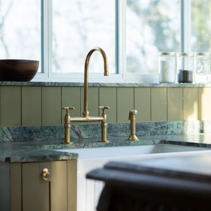 Unlacquered Brass Kitchen Faucet With Linear Legs - Solid Brass Bridge Faucet - Kitchen Faucets Cafe Fridge, Brass Kitchen Faucets, Kitchen Appliances Layout, Brass Bridge Faucet, Kitchen Cabinet Redo, Unlacquered Brass Kitchen Faucet, Unlacquered Brass Kitchen, Accent Wall Kitchen, Kitchen Accent Wall