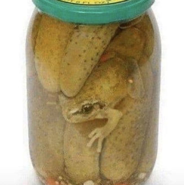 there is a jar with some food in it that has a frog on the inside