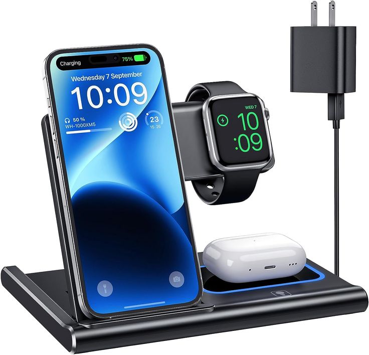 an apple watch and charger are connected to the charging dock for this smart phone