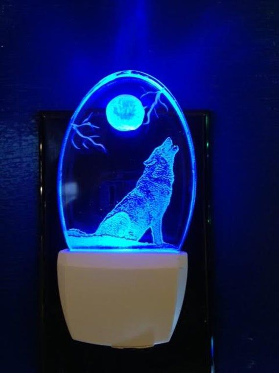 a blue light that is on top of a white vase with a wolf in it