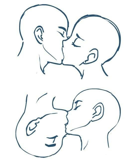 two people kissing each other with their faces drawn in blue ink on white paper,