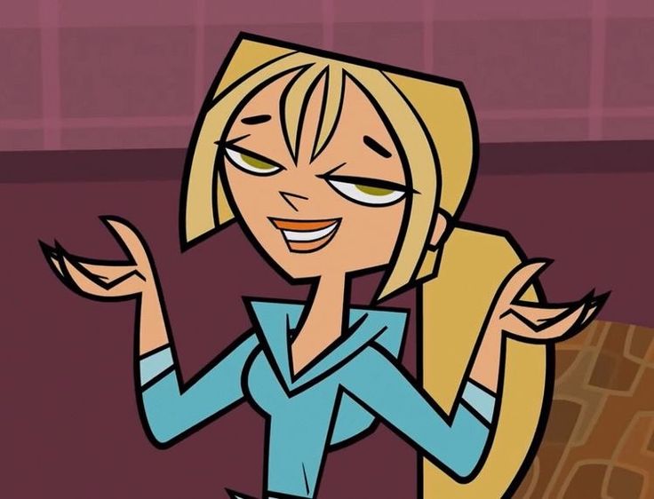 an animated woman with blonde hair and blue shirt holding her hands out in front of her face