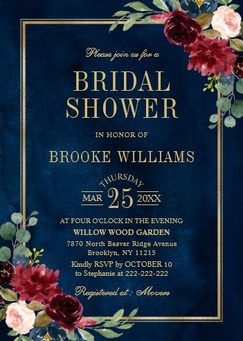 Burgundy Floral Gold Navy Blue Bridal Shower Invitation Burgundy Wedding Centerpieces, Navy And Burgundy Wedding, Blue Bridal Shower Invitations, Lingerie Shower Invitations, Geometric Wedding Invitation, Navy Blue Wedding Invitations, Blue Bridal Shower, Burgundy Wedding Invitations, Navy Wedding Invitations