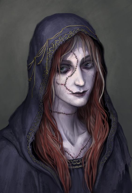 a painting of a woman with red hair wearing a black hoodie and skull makeup