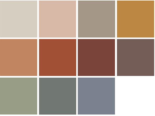 several different shades of brown, orange and grey are shown in this image with the same color