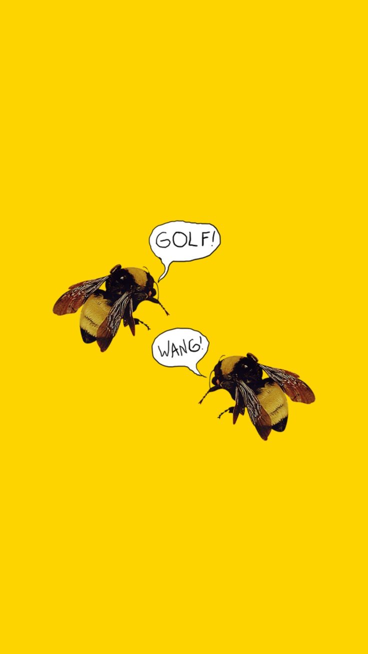 two bees with speech bubbles in front of them on a yellow background that says golf