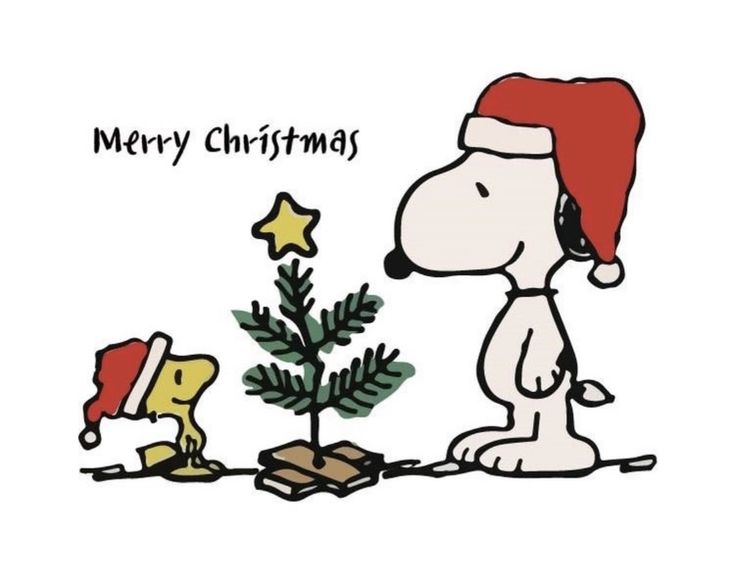 a charlie brown christmas card with a dog and a tree