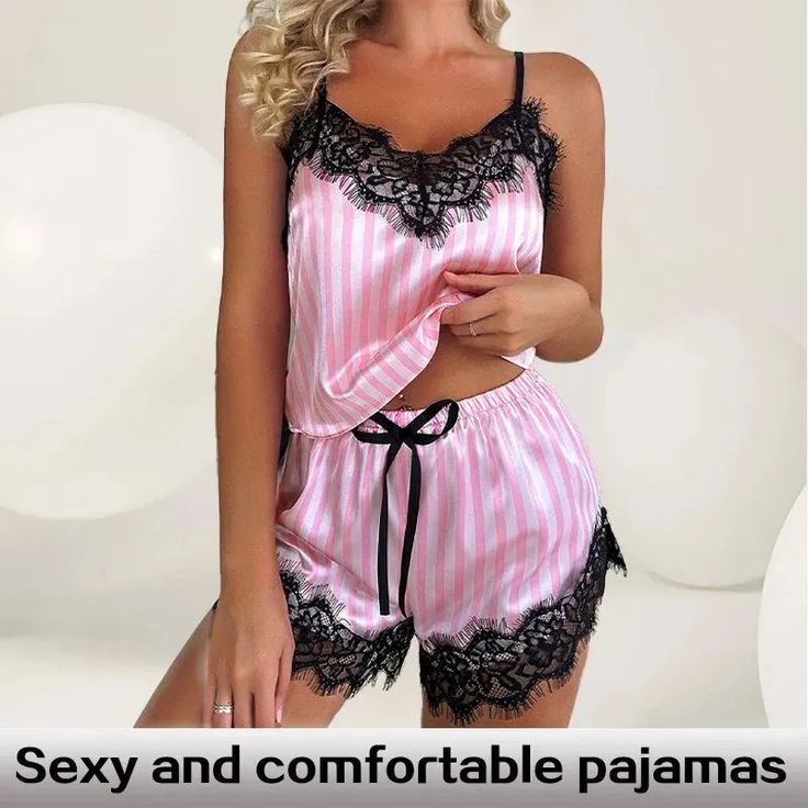 Put a playful spin on your bedtime routine with our Two Piece Women's V-Neck Sexy Lace Suspender Pajama Shorts Set. Featuring a sexy lace design and suspenders, this set is sure to spice up your sleepwear. The casual and sleeveless style adds comfort and the perfect touch of sexiness. Sweet dreams, indeed! This two piece pajama set boasts a v-neck design and delicate lace suspenders for a touch of femininity. The sleeveless top and comfortable shorts offer a casual yet sexy look, perfect for a c Pink Sleeveless Pajama Party Sets, Pink Sleeveless Set For Pajama Party, Pajamas Pattern, Pajama Pattern, Comfortable Shorts, Bedtime Routine, Pink Outfits, Short Pajama Set, Casual Sets