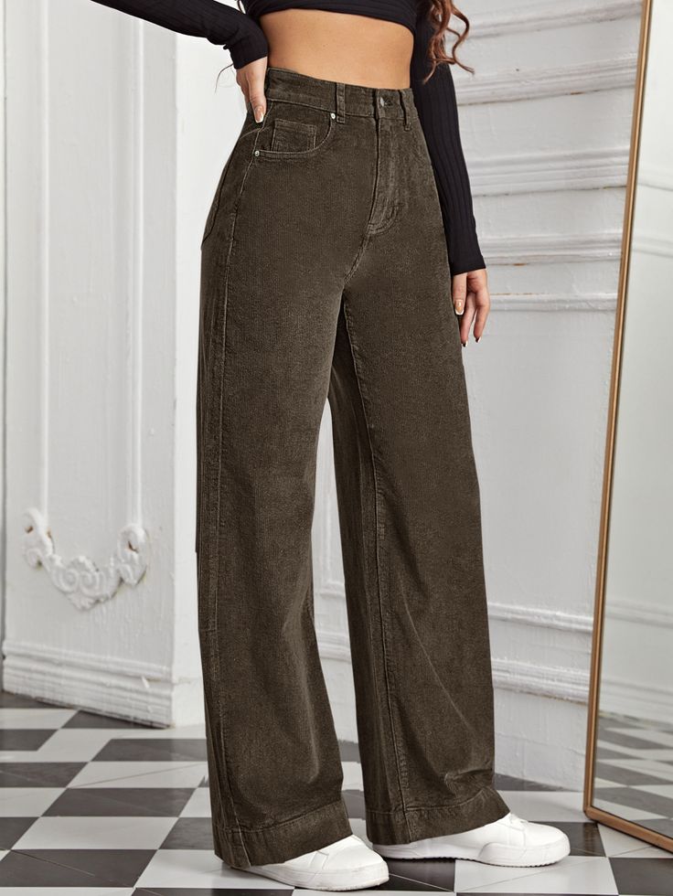 Chocolate Brown Casual   Corduroy Plain Wide Leg Embellished Medium Stretch Fall/Winter Women Bottoms Corduroy Pants Outfit, Cord Pants, Corduroy Pants Women, Cord Trousers, Brown Jeans, Women Bottoms, Cords Pants, Brown Pants, Green Pants