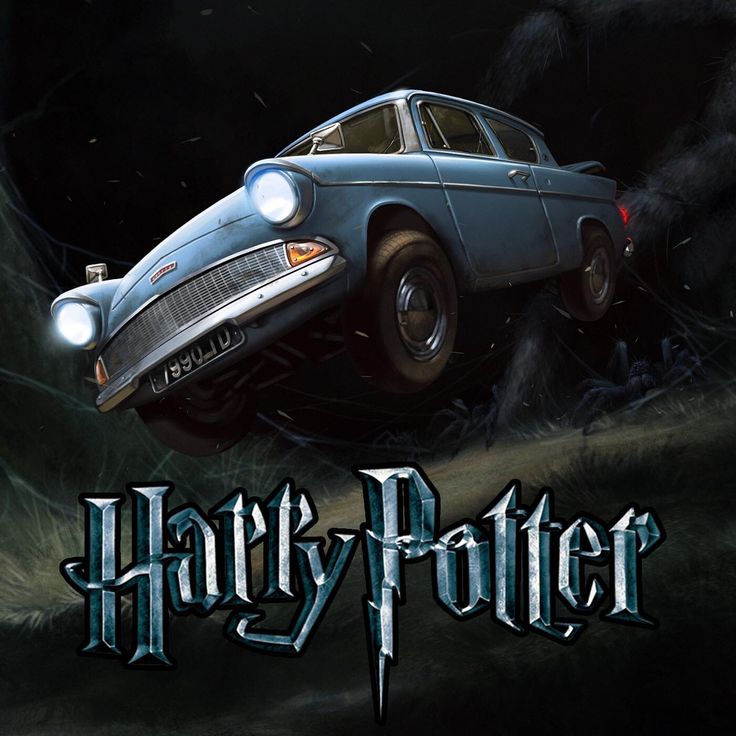 an old car flying through the air with harry potter written on it's side