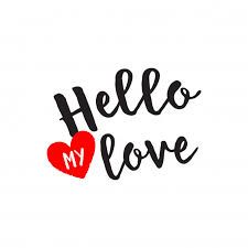 the word hello love is written in black ink on a white background with a red heart