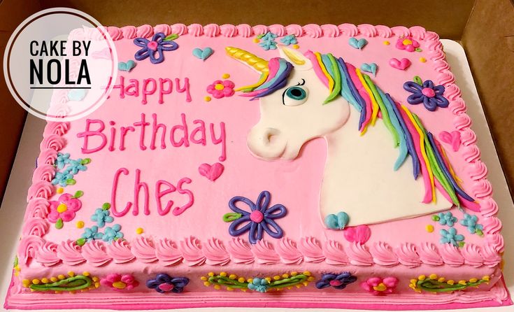 a pink birthday cake with a unicorn on it