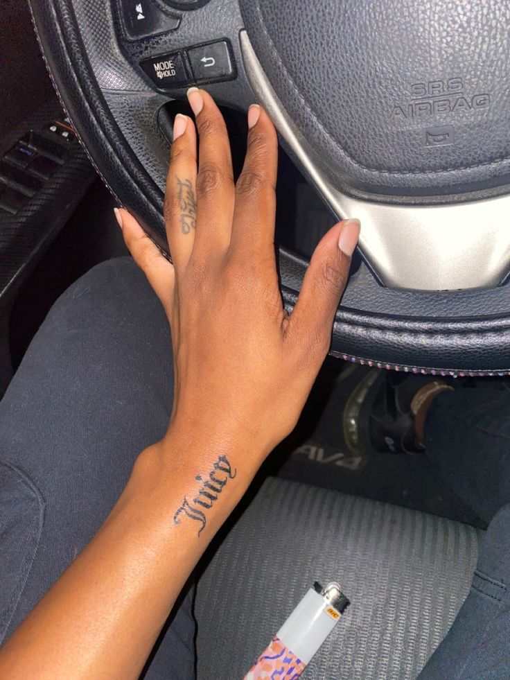 Early 200s Tattoos, 2000s Style Tattoo, Y2k Word Tattoo, Tiny Y2k Tattoo, Finger Tattoos Y2k, 2000s Tatoos, 2000s Inspired Tattoos, Y2k Tattoo Ideas Arm Sleeve, Juicy Couture Tattoo