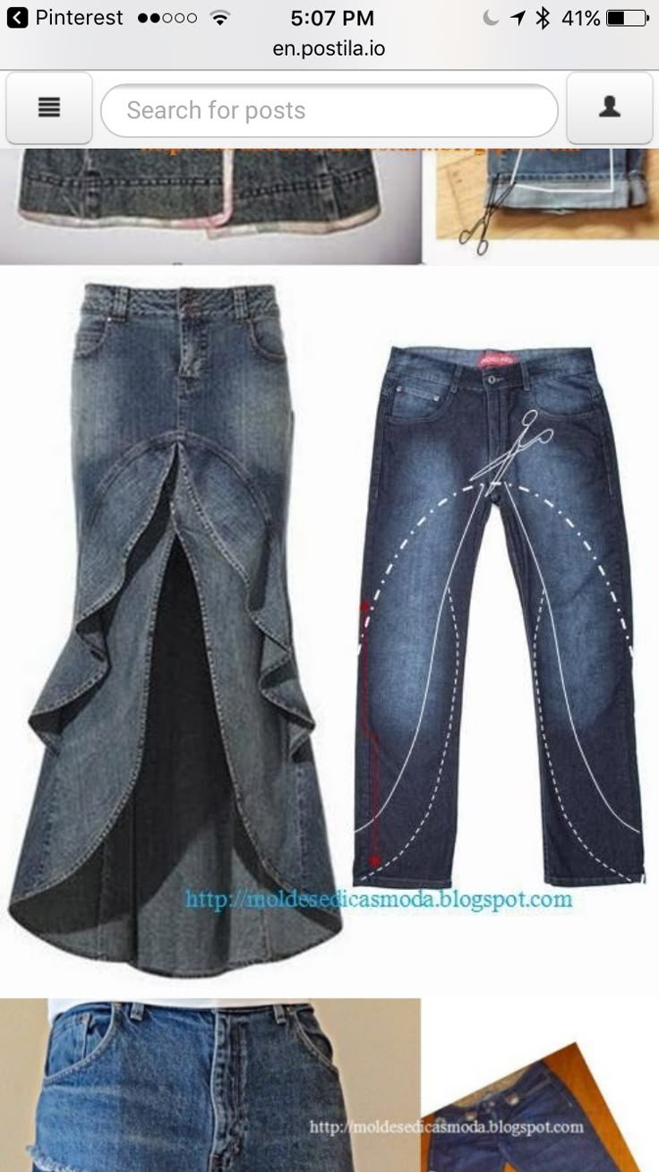 two pictures of different types of denim skirts