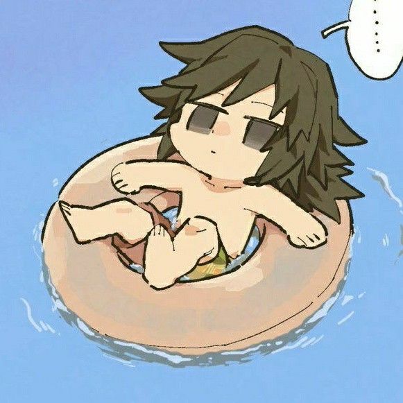 an anime character is floating in the water on a rubber ring with a thought bubble above his head