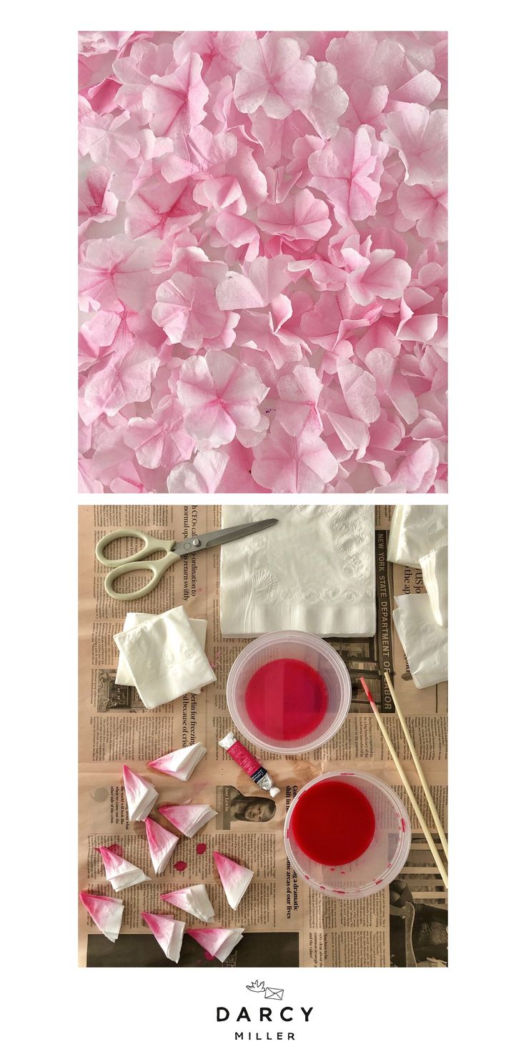 the process of making paper flowers is shown in three different stages, including pink and white