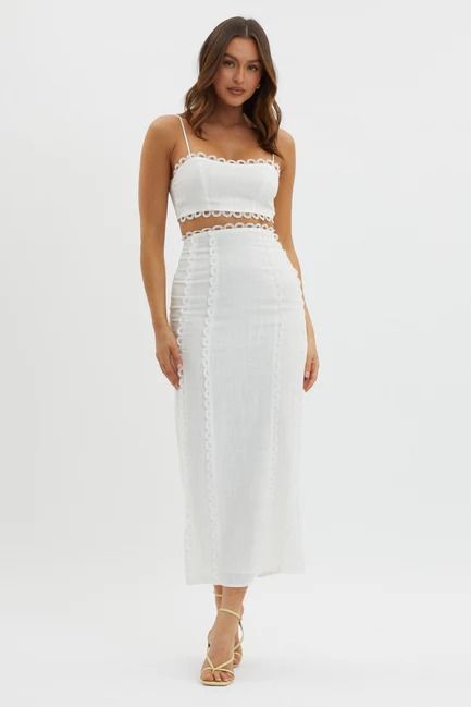 Shop the Chamberlain Scallop Trim Maxi Skirt White | Selfie Leslie Chic Lace Maxi Skirt With Lace Trim, White Maxi Skirt For Brunch, Chic Lace Maxi Skirt For Summer, Fitted Bottoms With Scalloped Edges For Spring, Elegant Spring Maxi Skirt With Lace Trim, Chic Spring Maxi Skirt With Lace Trim, Fitted Lace Skirt For Vacation, White Fitted Maxi Skirt For Brunch, Chic Lace Lined Maxi Skirt