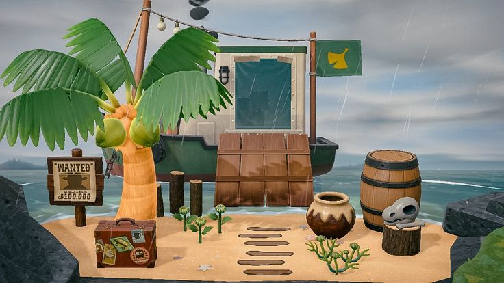 there is a fake island with various items on it and a palm tree in the background