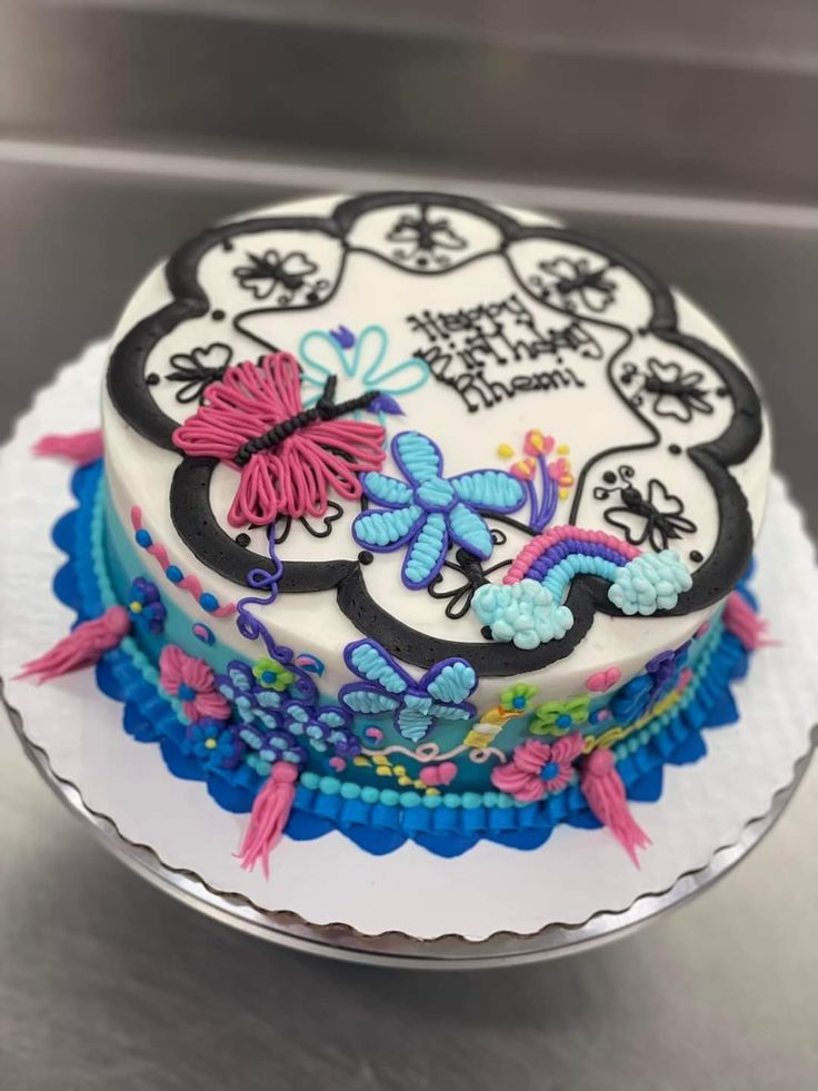 a decorated birthday cake sitting on top of a table