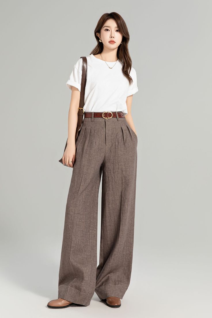 Elevate your style effortlessly with these luxurious brown wide-leg linen trousers designed for women. Experience the perfect blend of sophistication and comfort, ideal for a casually elegant ensemble. ✨ 

SKU 4965 

#linenlove #effortlessstyle #chiclooks #LinenPants #BrownPants #Xiaolizi Luxury Casual Outfit Women, Korean Pants For Women, Women’s Trousers, How To Style Brown Trousers, Wide Legged Trousers Outfit, Bridesmaids Pants, Brown Wide Leg Trousers Outfit, Baggy Linen Pants Outfit, Chic Office Outfit Young Professional